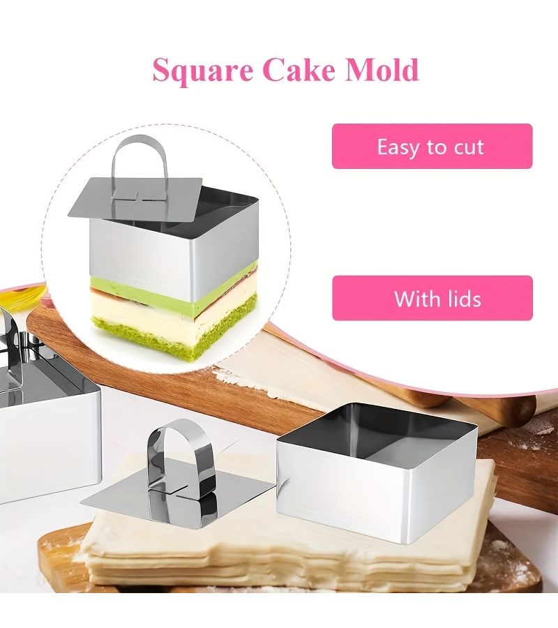 430 Stainless Steel Square Pastry Molds with Mousse Ring and Pusher For Cake Dessert Baking - Image 5