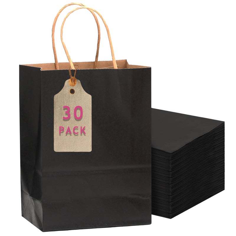 Qiqee 30-Packs Black Gift Bags With Handles Bulk 10.8 ""X8.3 ""X4.3 "" Medium Size Kraft Paper Bags Multiple Uses (Medium Size) - Image 1