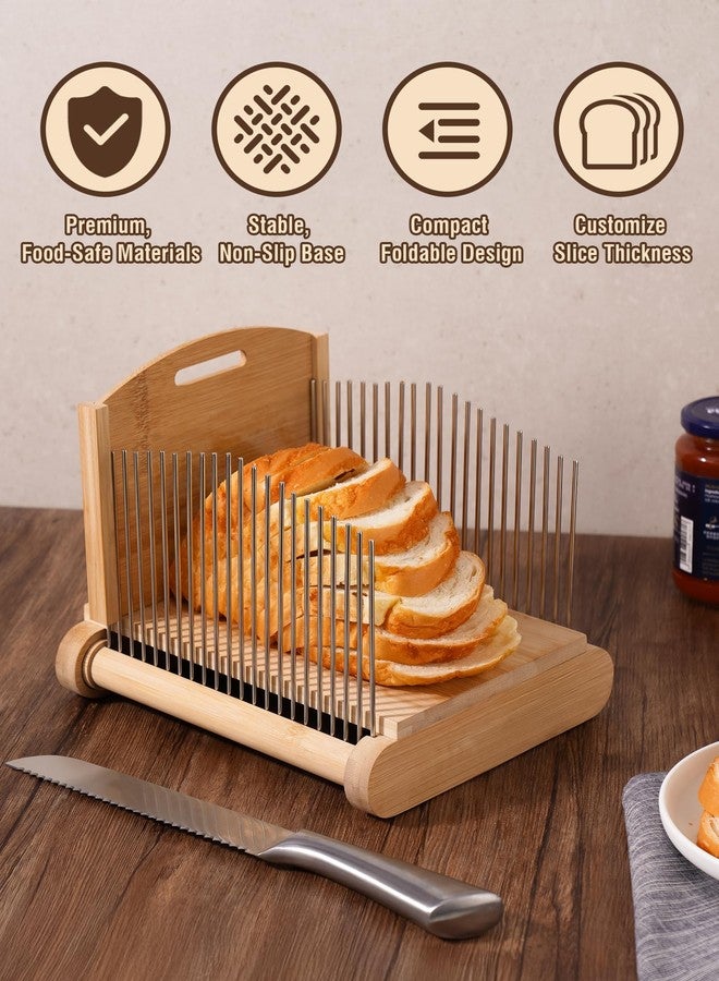 NiHome Bamboo Bread Slicer for Homemade Bread with Stainless Steel Guides, Adjustable Thickness for Toast & Sandwiches, Foldable Compact Sourdough Wood Cutting Board - Image 3