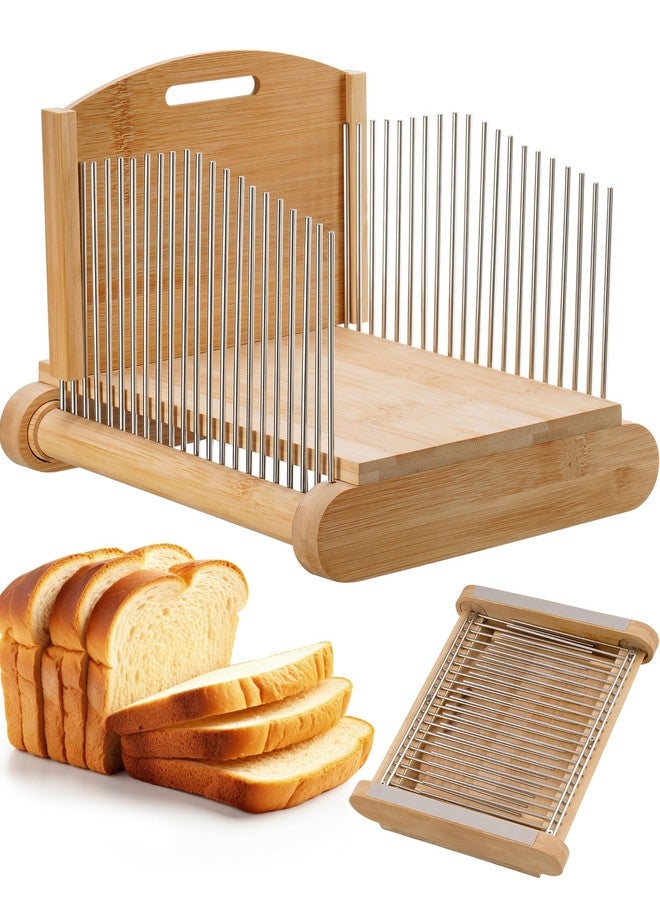 NiHome Bamboo Bread Slicer for Homemade Bread with Stainless Steel Guides, Adjustable Thickness for Toast & Sandwiches, Foldable Compact Sourdough Wood Cutting Board - Image 1