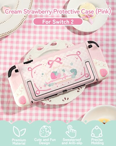 GeekShare Strawberries with Cream Case Compatible with Switch 2 Slim Separable Soft Silicone Protective Shell with 2 Thumb Grip Caps Pink - Image 3