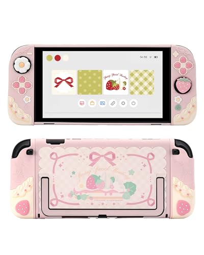 GeekShare Strawberries with Cream Case Compatible with Switch 2 Slim Separable Soft Silicone Protective Shell with 2 Thumb Grip Caps Pink - Image 1