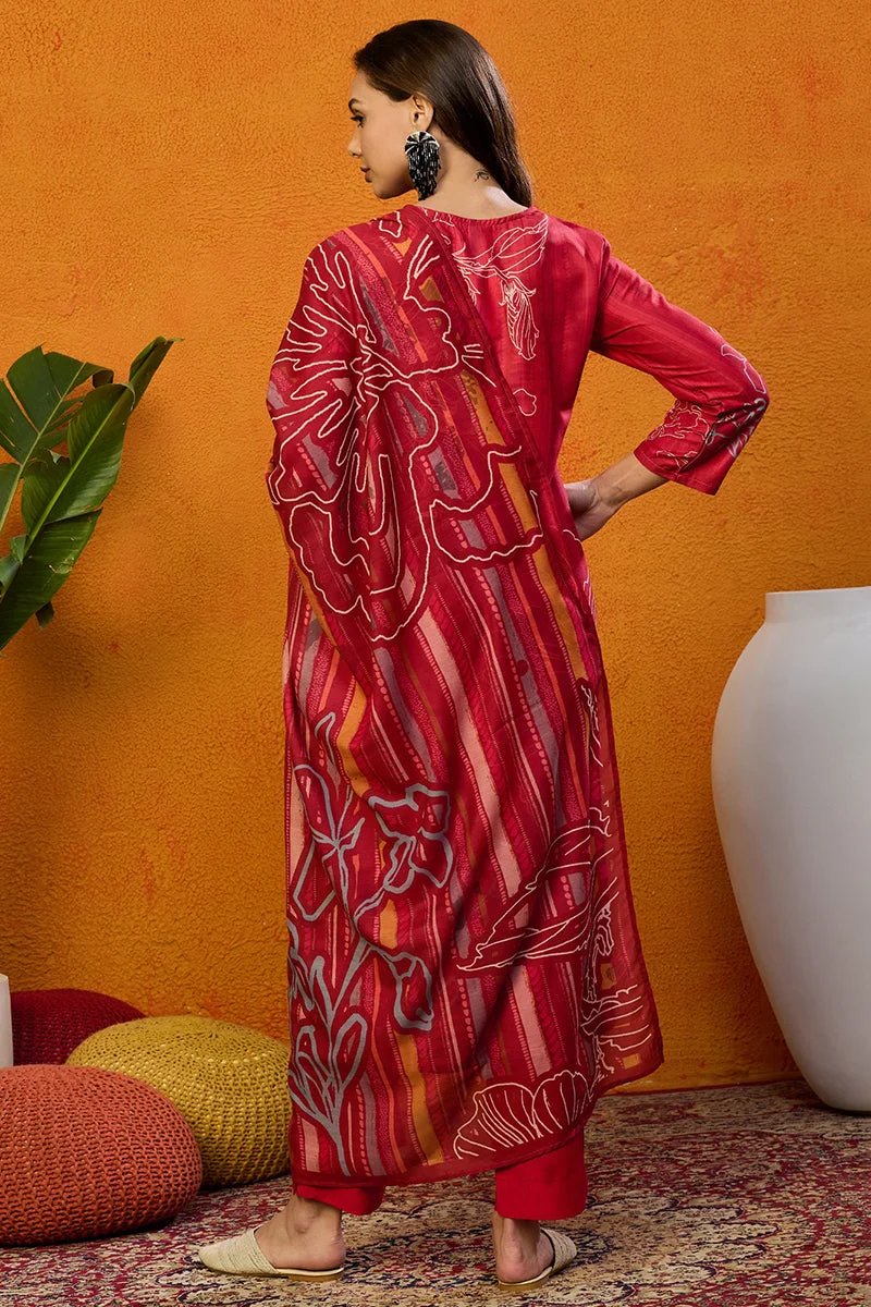 ZERESOUQ Red Silk Blend Floral Printed Straight Kurta Set