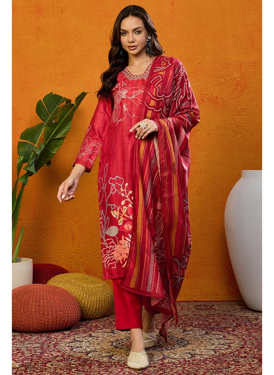 زيري سوق Red Silk Blend Floral Printed Straight Kurta Set