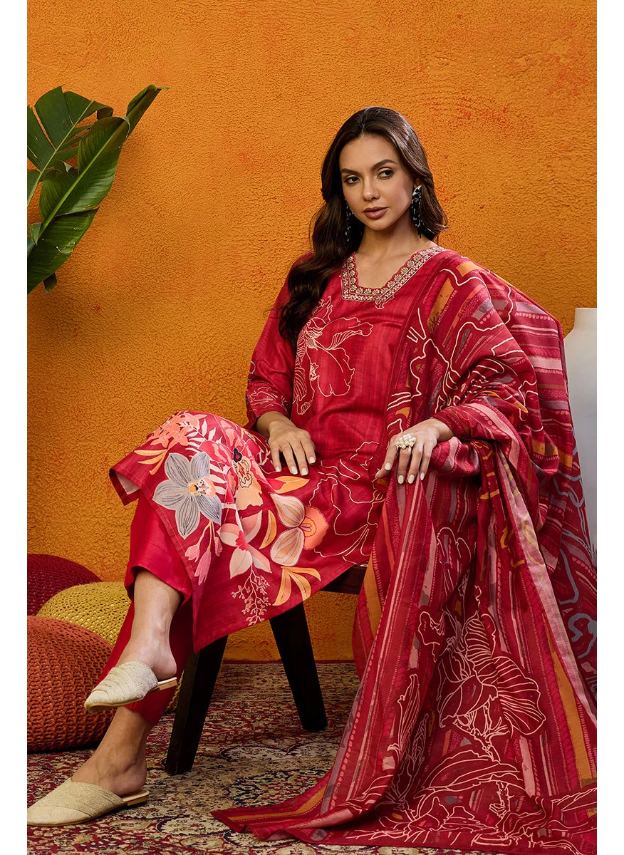 زيري سوق Red Silk Blend Floral Printed Straight Kurta Set