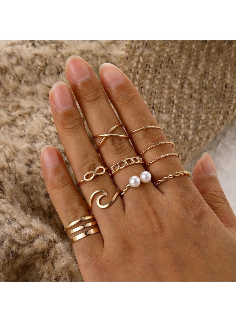 Huitich 9 Pcs Multi-size Elegant Fashion Rings Set Gold Colour  - Image 4