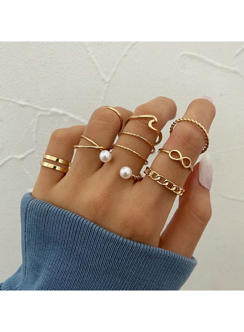 Huitich 9 Pcs Multi-size Elegant Fashion Rings Set Gold Colour  - Image 2