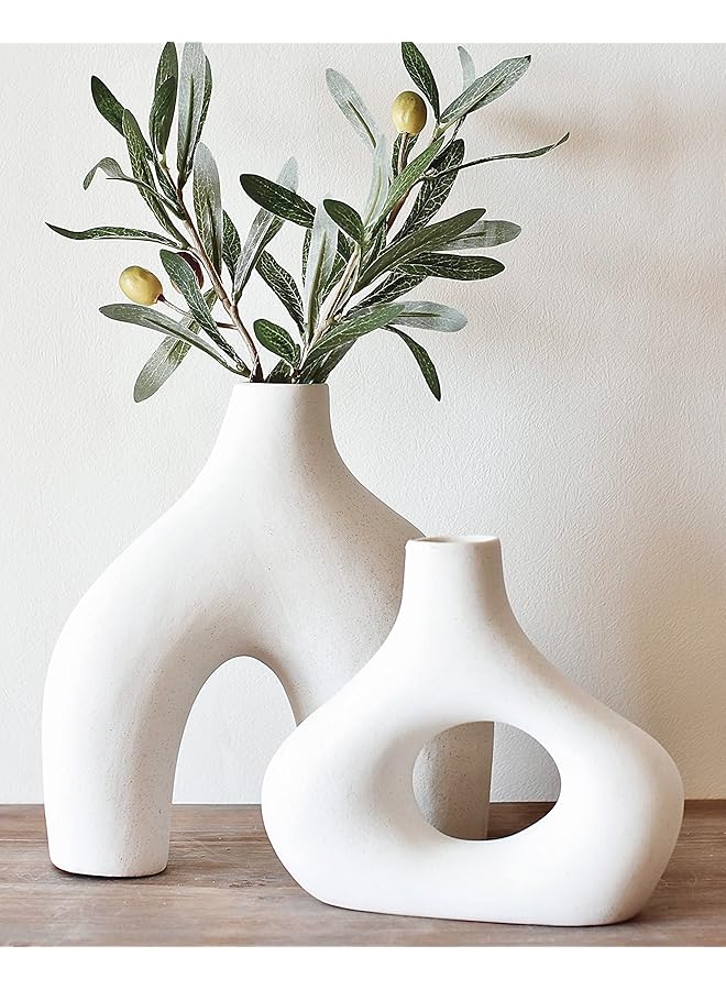 Green Tiger Donut Vase, Set of 2 - Minimalist Nordic, White Ceramic Hollow Donut Vase Decor | Table Centerpiece, Olive Plant, Wedding, Living Room, Bookshelf, Office, Modern Home, Entryway, Console - Image 1