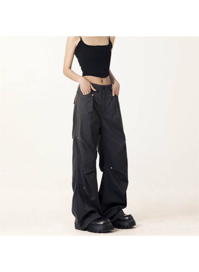 American Style Low Waist Work Pants Women's 2024 Spring And Summer Design Niche Loose All-match Straight Leg Wide Leg Casual Pants