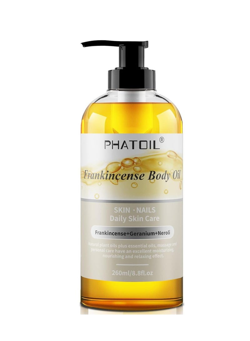 PHATOIL Frankincense Body Oil 8.8 FL.OZ, 260 ml Moisturizing Massage Oil Skin Oil with Pump, Body Oils for Men and Women Skincare, Blends of Natural Plant Oils and Essential Oils, Frankincense Oil - Image 1