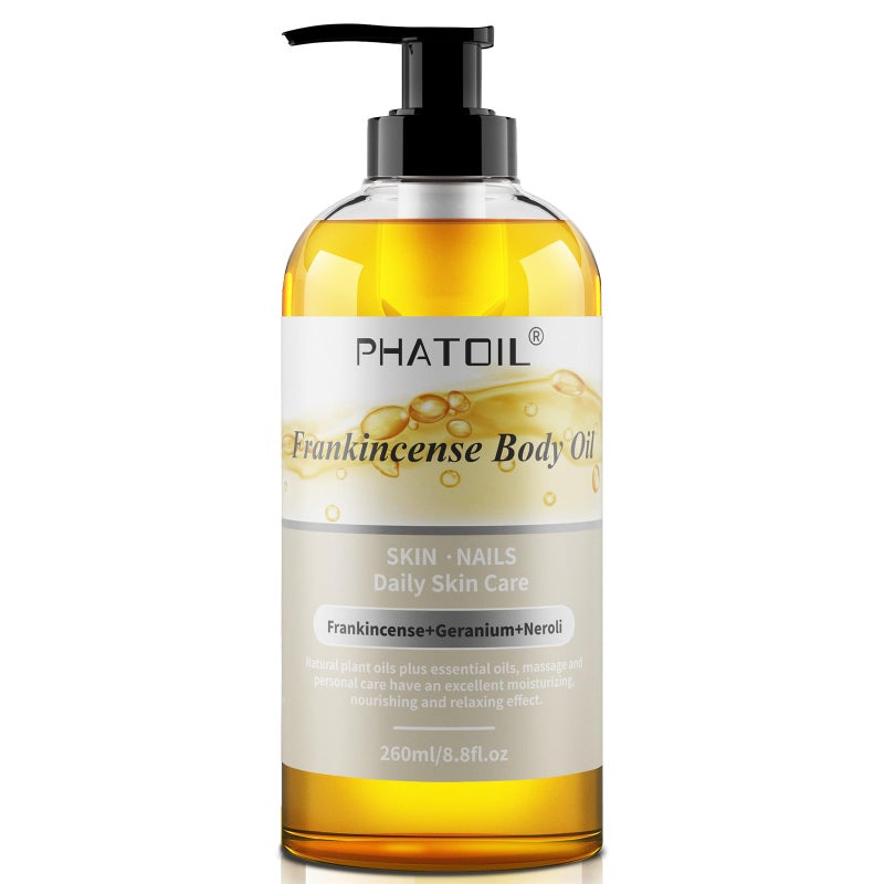 PHATOIL Frankincense Body Oil 8.8 FL.OZ, 260 ml Moisturizing Massage Oil Skin Oil with Pump, Body Oils for Men and Women Skincare, Blends of Natural Plant Oils and Essential Oils, Frankincense Oil - Image 1