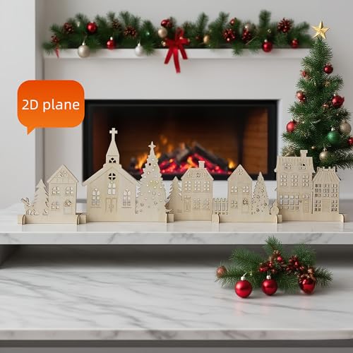 Cliths 6pcs Rustic Wooden Christmas Village Handcrafted Holiday Tabletop Decor for Fireplace or Window Display with Festive Ornaments, No Electricity Needed 48x10.6 in - Image 3