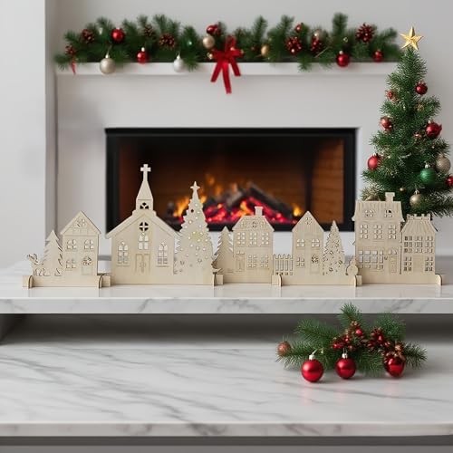 Cliths 6pcs Rustic Wooden Christmas Village Handcrafted Holiday Tabletop Decor for Fireplace or Window Display with Festive Ornaments, No Electricity Needed 48x10.6 in - Image 1