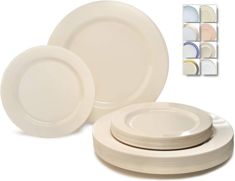 OCCASIONS FINEST PLASTIC TABLEWARE OCCASIONS 240 Piece Disposable Plastic Plates Heavy Duty for 120 Guests, Fancy Dinnerware Set for Wedding Party, China-Like Look, 10.5" Dinner & 7.5" Salad/Dessert, BPA Free, Plain Ivory Collection - Image 1