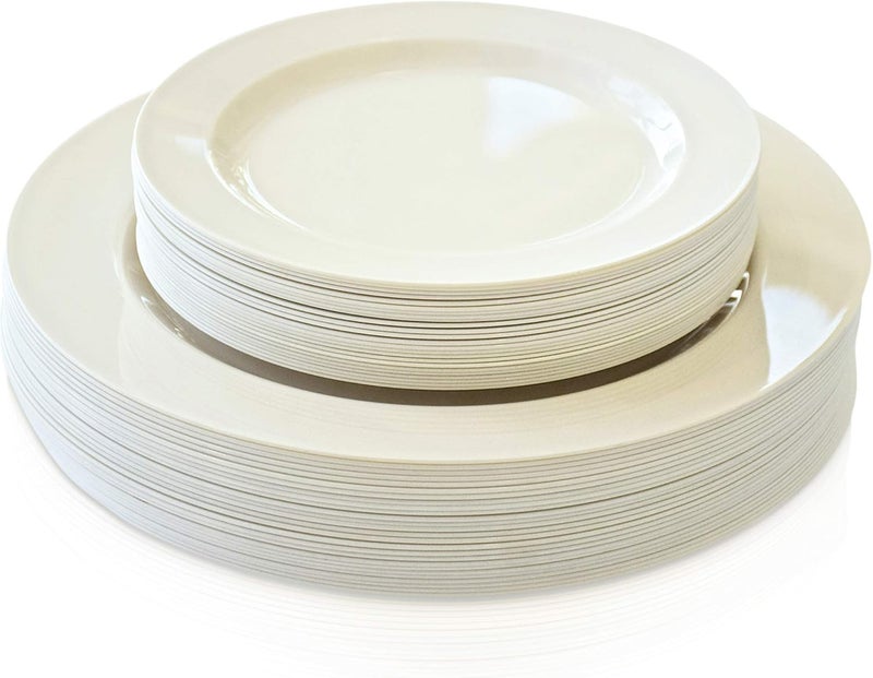 OCCASIONS FINEST PLASTIC TABLEWARE OCCASIONS 240 Piece Disposable Plastic Plates Heavy Duty for 120 Guests, Fancy Dinnerware Set for Wedding Party, China-Like Look, 10.5" Dinner & 7.5" Salad/Dessert, BPA Free, Plain Ivory Collection - Image 3