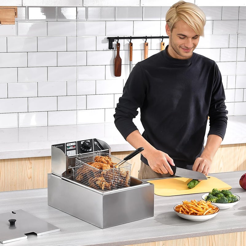 Swinod Commercial Deep Fryer with Baskets, 1700W 9.7QT/9.1L Thickened Stainless Steel Countertop Electric Oil Fryer, Large Capacity with Temperature Control (6L) - Image 2