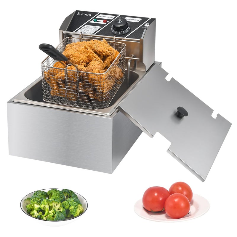 Swinod Commercial Deep Fryer with Baskets, 1700W 9.7QT/9.1L Thickened Stainless Steel Countertop Electric Oil Fryer, Large Capacity with Temperature Control (6L) - Image 1