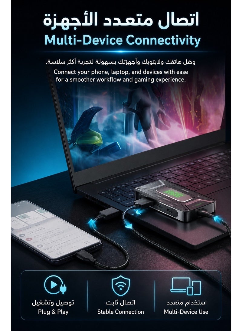 PIVA DS7 7-in-1 USB-C Docking Station and Gaming Hub, Multi USB Port Type-C Adapter with Ethernet Adapter – 4K@60Hz HDR Video Output, 100W PD Fast Charging, 32Bit/384KHz Hi-Fi Audio, Gigabit Ethernet, USB 3.1 High-Speed Data Transfer for Streaming & Recording – Compatible with RedMagic, iPhone, iPad, Android & Laptops - Image 5
