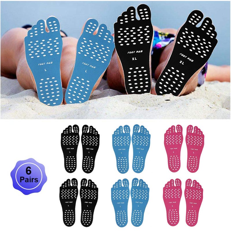 WLBON Beach Foot Pads Barefoot Adhesive Invisible Shoes Stick on Foot Pad Stickers Stick on Soles Anti-Slip Waterproof Silicone Unisex Footing Pad For Surfing Swimming 6 Pack Black Blue Rose 7-9.5 Size - Image 1