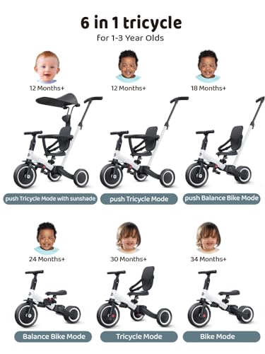 newyoo Tricycle for Toddlers 13 Toddler Bike Toddler Tricycle with Push Handle and Canopy Birthday Gift and Toys for Girl and Boy 6 in 1 Baby Trike Balance Bike TR009 White - Image 5