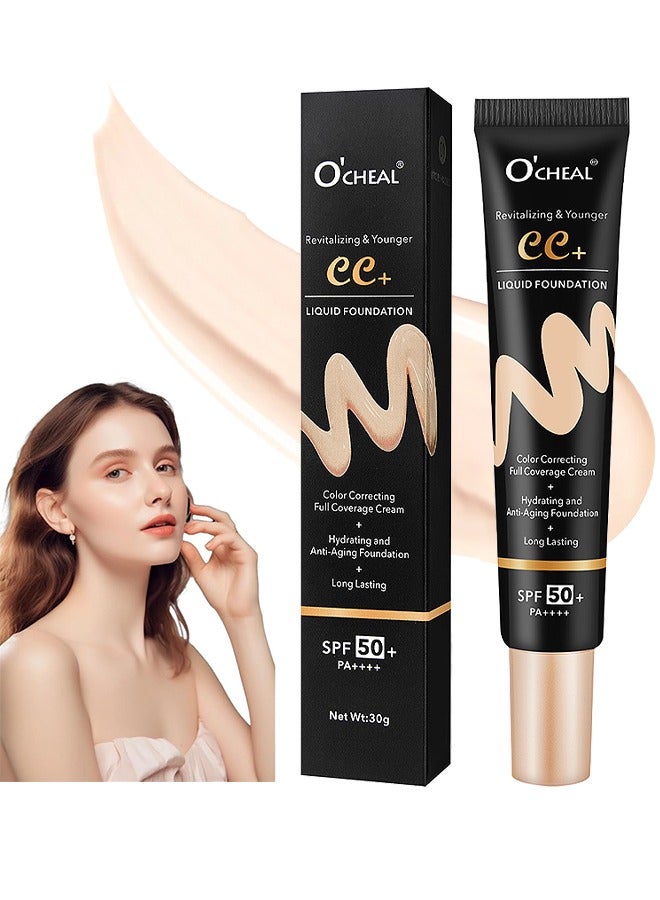 OCHEAL CC + Liquid Foundation, SPF50+ PA++++ Sunscreen, Colour Correcting Face Sunscreen And Foundation, Pre-Makeup Primer Moisturizing Skin Concealer, Ivory Color - Image 1