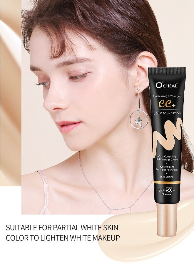 OCHEAL CC + Liquid Foundation, SPF50+ PA++++ Sunscreen, Colour Correcting Face Sunscreen And Foundation, Pre-Makeup Primer Moisturizing Skin Concealer, Ivory Color - Image 2