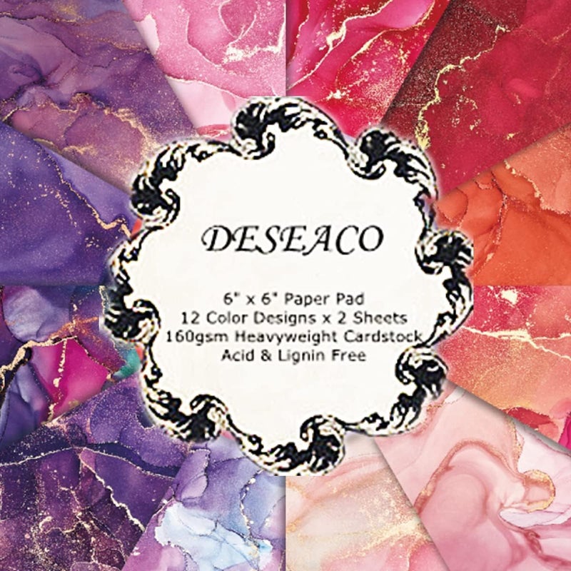 DESEACO Marble Scrapbook Paper Pad 6x6 – Rose, Pink, Purple, Gold Designs, Single-Sided Decoupage & Origami Sheets, Colorful Cardstock for DIY Crafts, Scrapbooking, Cardmaking, Junk Journals – 24 Pcs - Image 1