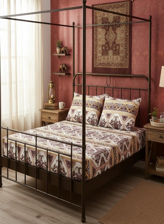 DaDa Bedding Farmhouse Bohemian Fitted Sheet - w/Pillow Cases Tribal Majestic Rustic Kilim Persian Filigree Traditional Design Intricate Ornate Vintage Pink Brown - Queen - 3-Pieces - Image 1