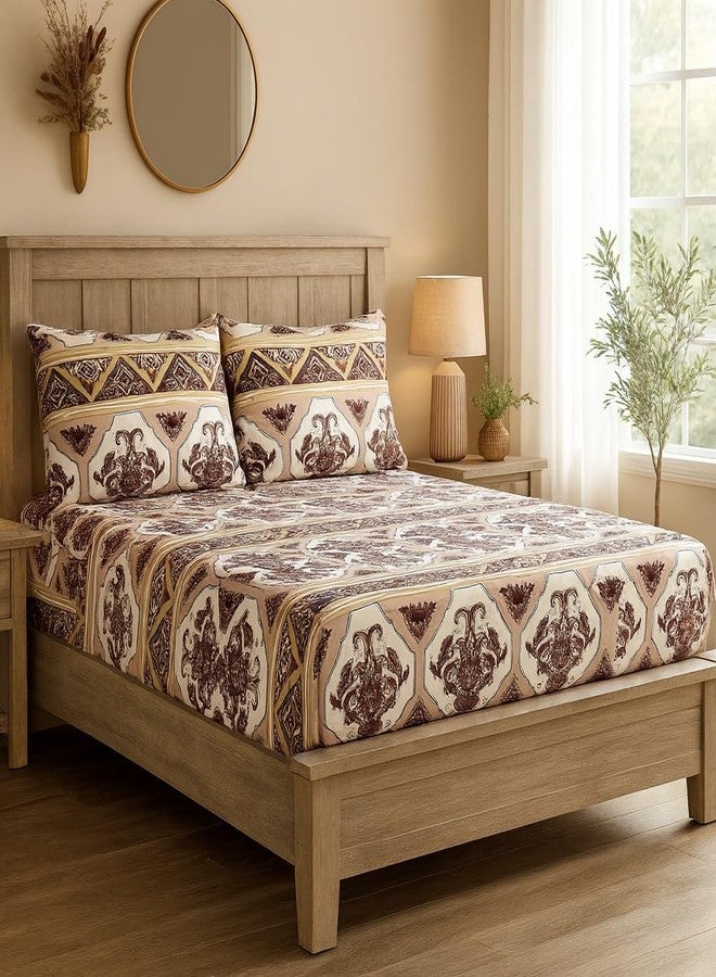 DaDa Bedding Farmhouse Bohemian Fitted Sheet - w/Pillow Cases Tribal Majestic Rustic Kilim Persian Filigree Traditional Design Intricate Ornate Vintage Pink Brown - Queen - 3-Pieces - Image 5