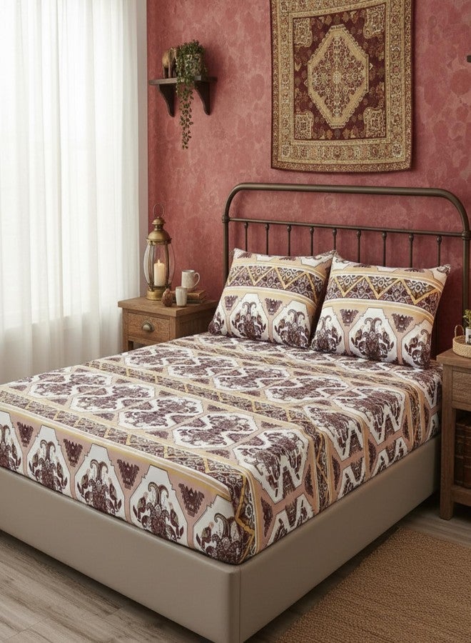 DaDa Bedding Farmhouse Bohemian Fitted Sheet - w/Pillow Cases Tribal Majestic Rustic Kilim Persian Filigree Traditional Design Intricate Ornate Vintage Pink Brown - Queen - 3-Pieces - Image 3