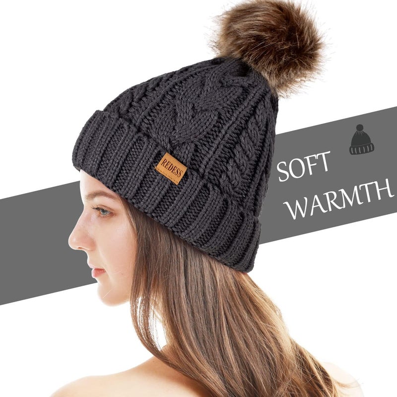 REDESS Women Winter Pompom Beanie Hat with Warm Fleece Lined, Thick Slouchy Snow Knit Skull Ski Cap - Image 2