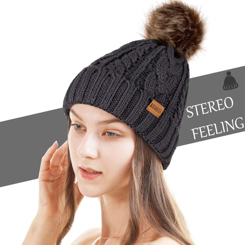REDESS Women Winter Pompom Beanie Hat with Warm Fleece Lined, Thick Slouchy Snow Knit Skull Ski Cap - Image 1