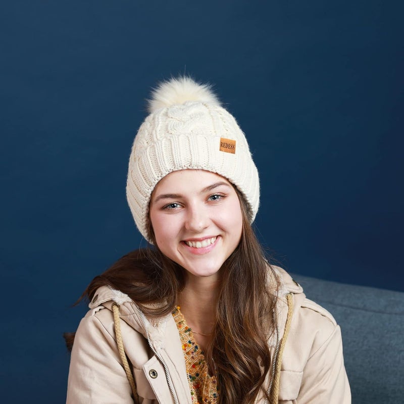 REDESS Women Winter Pompom Beanie Hat with Warm Fleece Lined, Thick Slouchy Snow Knit Skull Ski Cap - Image 5