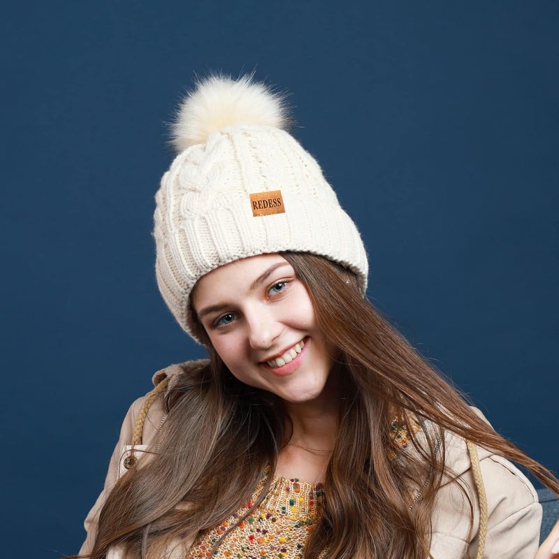 REDESS Women Winter Pompom Beanie Hat with Warm Fleece Lined, Thick Slouchy Snow Knit Skull Ski Cap - Image 4