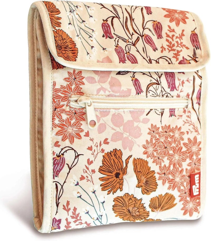 PRYM Circular Knitting Needle Case – 9” x 7-1/4” Fan-Fold Organizer with 10 Pockets, Magnetic Closure & Zip Accessory Pocket - Orange Wildflower Print - Image 1