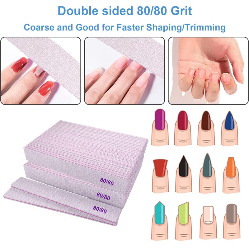 GigaGround 80/80 Grit Nail Files, Emery Boards Nail File for Acrylic and Gel Nails, Coarse Nail File Double Sided 80 Grits Emory Professional Filers Reusable Washable Manicure Square Gray (50 Pcs 80/80 Grit) - Image 2