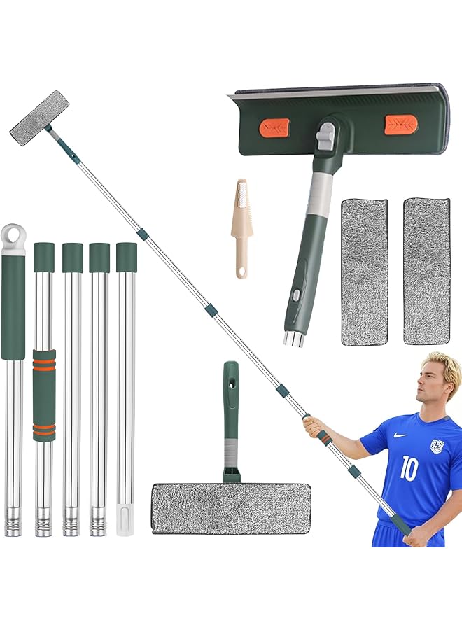 Green Tiger Window Squeegee Cleaner, 2 in 1 Extendable Window Washer Cleaning Kit with Extension Pole, Window Washing Equipment with Rotating Head, Cleaning Tools for Indoor/Outdoor High Glass (11 pcs) - Image 1