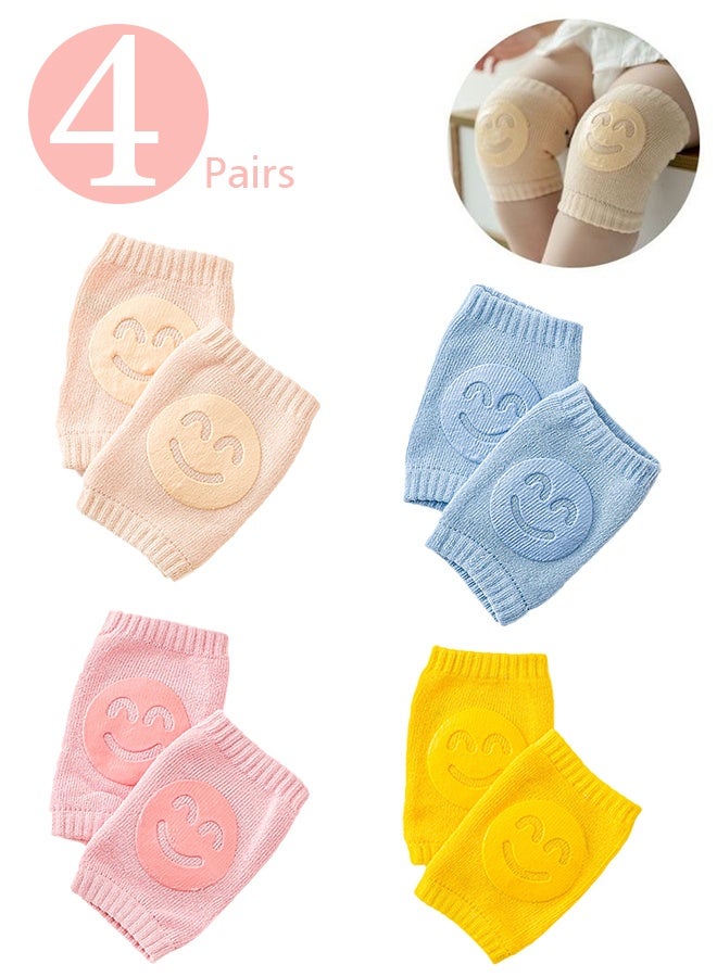 4 Pairs Baby Crawling Anti-Slip Knee Pads, Soft Comfortable Knee And Elbow Protective Pads, Protect Infants  Toddlers Knees(khaki  Blue PinkYellow) - Image 1
