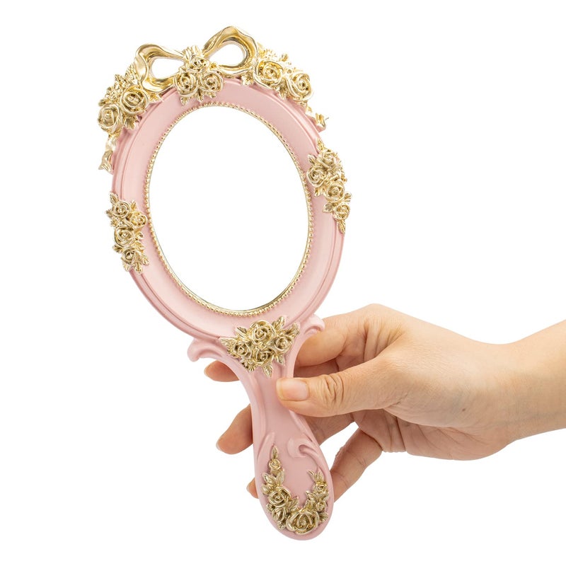 Rich Boxer Rich Boxer Vintage Handheld Mirror Embossed Flower Hand Held Mirror Makeup Mirror Vanity Mirror Decorative Cute Hand Mirror Pink