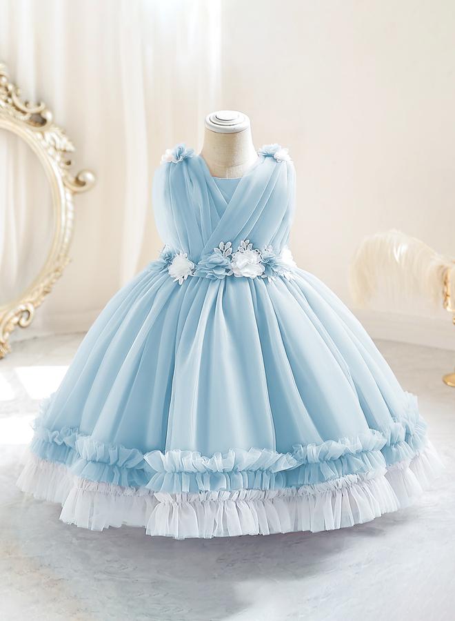 Take Two Girls Ruffle Hem Floral Detail Bow Party Dress - Image 1