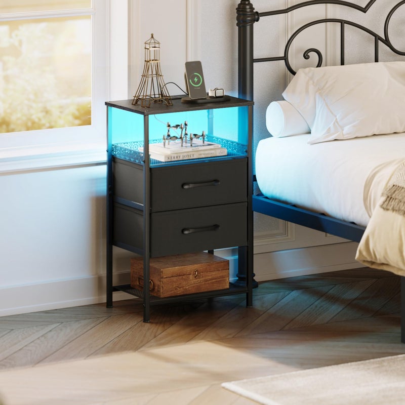 JARHETUN Nightstand Set of 2 with Charging Station, Night Stands with LED Lights, 26.4 Inch Tall Bedside Table with Metal Shelf, Side Table with 2 Fabirc Drawers for Bedroom, Black - Image 3