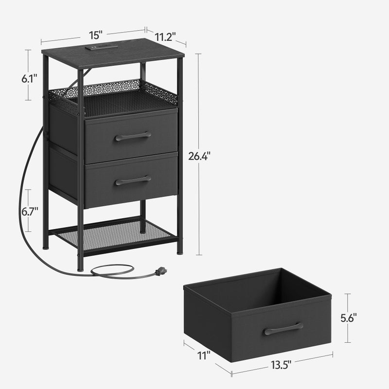 JARHETUN Nightstand Set of 2 with Charging Station, Night Stands with LED Lights, 26.4 Inch Tall Bedside Table with Metal Shelf, Side Table with 2 Fabirc Drawers for Bedroom, Black - Image 2