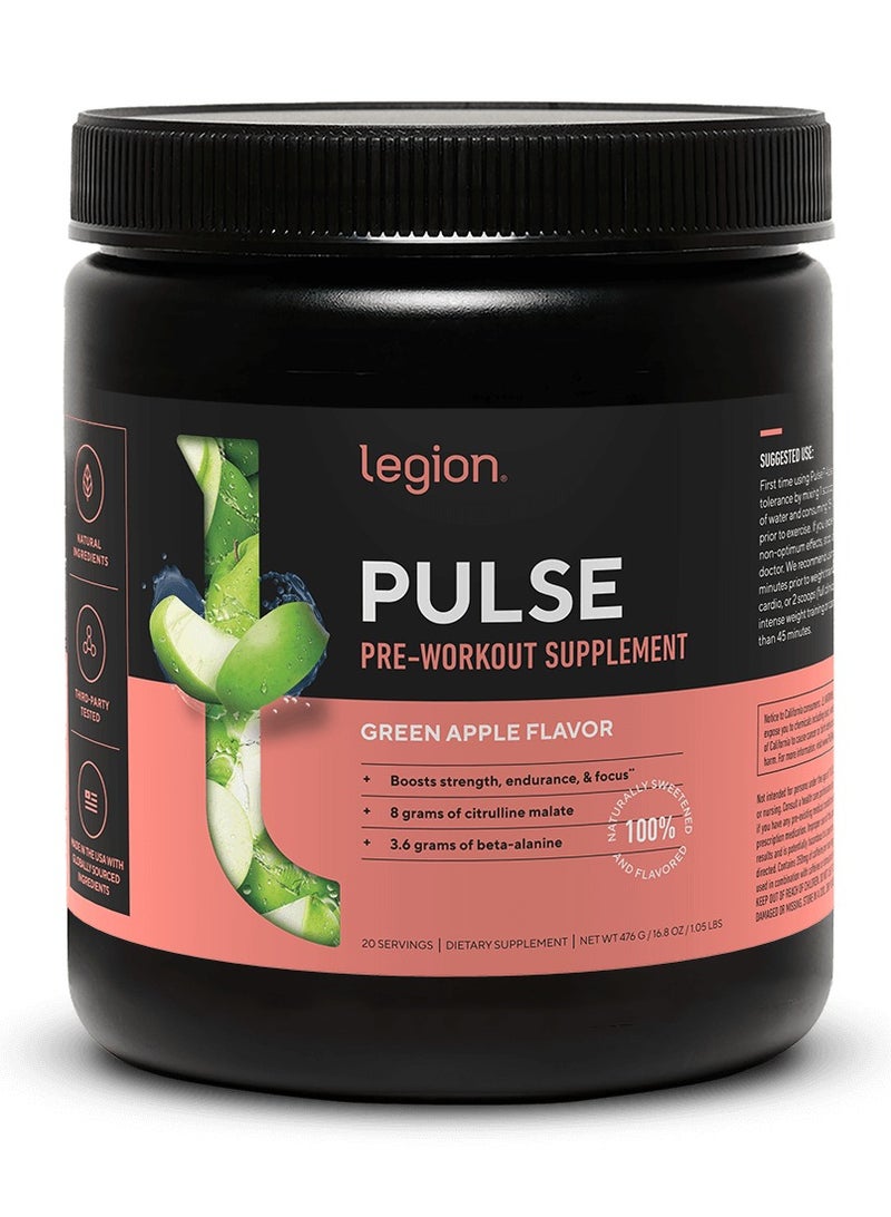 Legion Athletics Pulse Pre Workout Supplement - Green Apple Flavor Naturally Sweetened & Flavored, Increases energy & focus, Enhances strength & endurance, Reduces fatigue, 20 SERVINGS | DIETARY SUPPLEMENT | NET WT476 G/16.8 0Z/ 1.05 LBS - Image 1