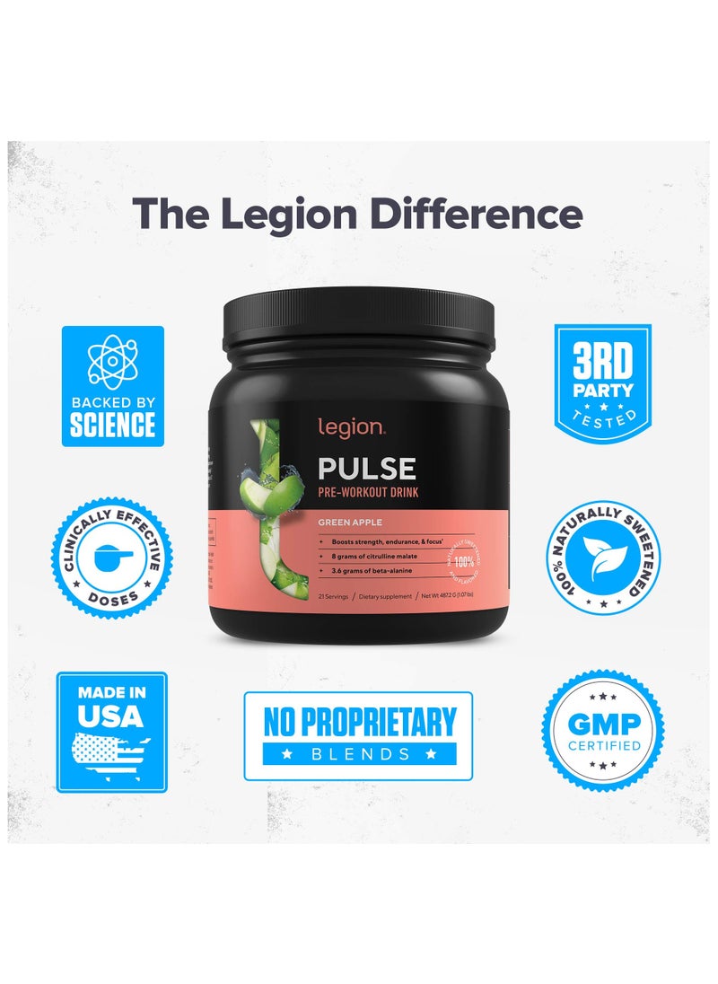 Legion Athletics - Pulse Pre Workout Drink,Boosts Strength Endurance & Focus, with 8g of Citrulline Malate, 3.6 g of Beta-Alanine, 20 Servings 476 g/1.05 Lbs- green Apple Flavor - Image 1