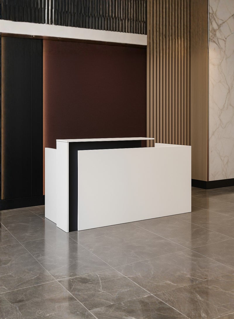 Karnak Legacy Modern Wooden Reception Desk Counter | Office Front Desk with Black Accent, Durable Finish & Spacious Workstation for Offices, Clinics, Hotels, Salons & Showrooms ( White ) - Image 1