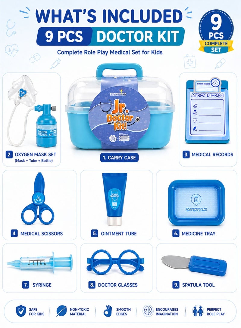 Jr. Doctor Kit! 9 PCS Kids Doctor Kit Pretend Play Medical Toy Set with Portable Carry Case Oxygen Mask Tube Bottle Medical Records Clipboard Syringe Scissors Glasses Ointment Tube Spatula Medicine Tray Educational Role Play Doctor Costume Accessories Learning Toy for Boys Girls Toddlers Kids Age 3 Plus - Image 5