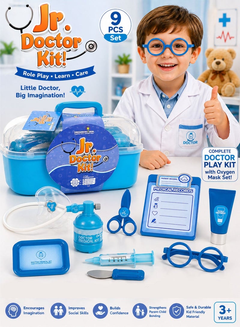 Jr. Doctor Kit! 9 PCS Kids Doctor Kit Pretend Play Medical Toy Set with Portable Carry Case Oxygen Mask Tube Bottle Medical Records Clipboard Syringe Scissors Glasses Ointment Tube Spatula Medicine Tray Educational Role Play Doctor Costume Accessories Learning Toy for Boys Girls Toddlers Kids Age 3 Plus - Image 1