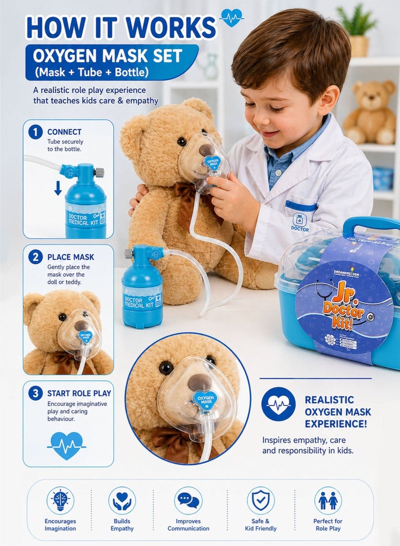 Jr. Doctor Kit! 9 PCS Kids Doctor Kit Pretend Play Medical Toy Set with Portable Carry Case Oxygen Mask Tube Bottle Medical Records Clipboard Syringe Scissors Glasses Ointment Tube Spatula Medicine Tray Educational Role Play Doctor Costume Accessories Learning Toy for Boys Girls Toddlers Kids Age 3 Plus - Image 3