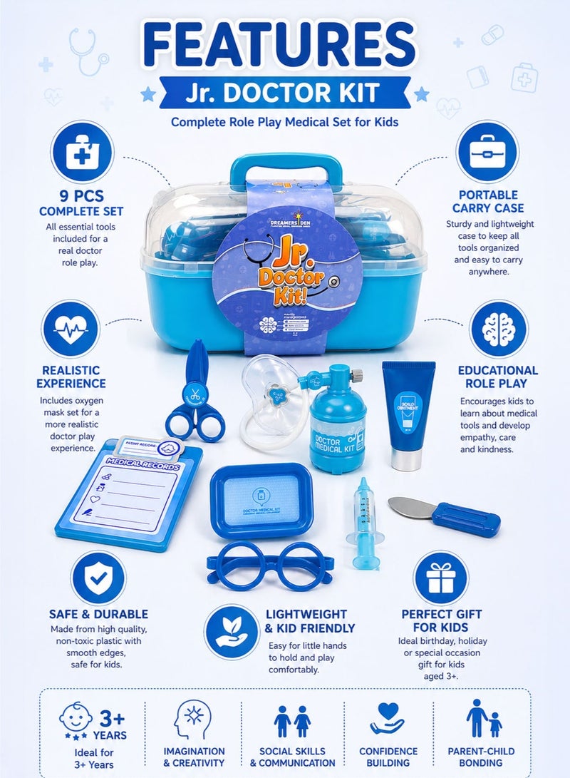 Jr. Doctor Kit! 9 PCS Kids Doctor Kit Pretend Play Medical Toy Set with Portable Carry Case Oxygen Mask Tube Bottle Medical Records Clipboard Syringe Scissors Glasses Ointment Tube Spatula Medicine Tray Educational Role Play Doctor Costume Accessories Learning Toy for Boys Girls Toddlers Kids Age 3 Plus - Image 4