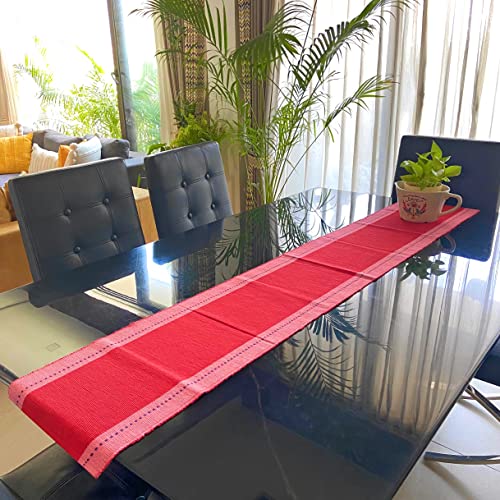 Rangbhar Handloom Ribbed Cotton Table Runner for Living/Dining Room/Home Decor, Anti Skid, Reversible, Machine Washable, 12 X 72 inches, Striped, Red Pink - Image 1